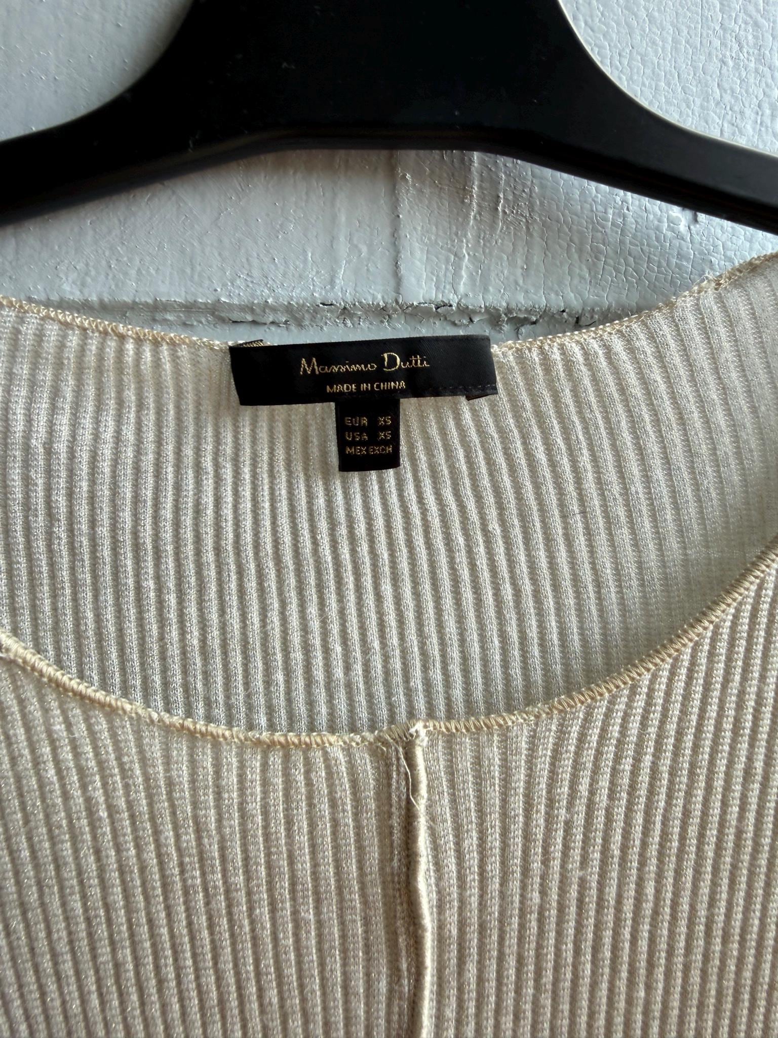 Massimo Dutti Ribbed Knit Top, Beige Glitter Shimmer shirt, Minimalist Chic Stretchy Luxury Women Top, Size XS