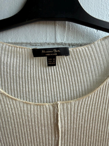 Massimo Dutti Ribbed Knit Top, Beige Glitter Shimmer shirt, Minimalist Chic Stretchy Luxury Women Top, Size XS