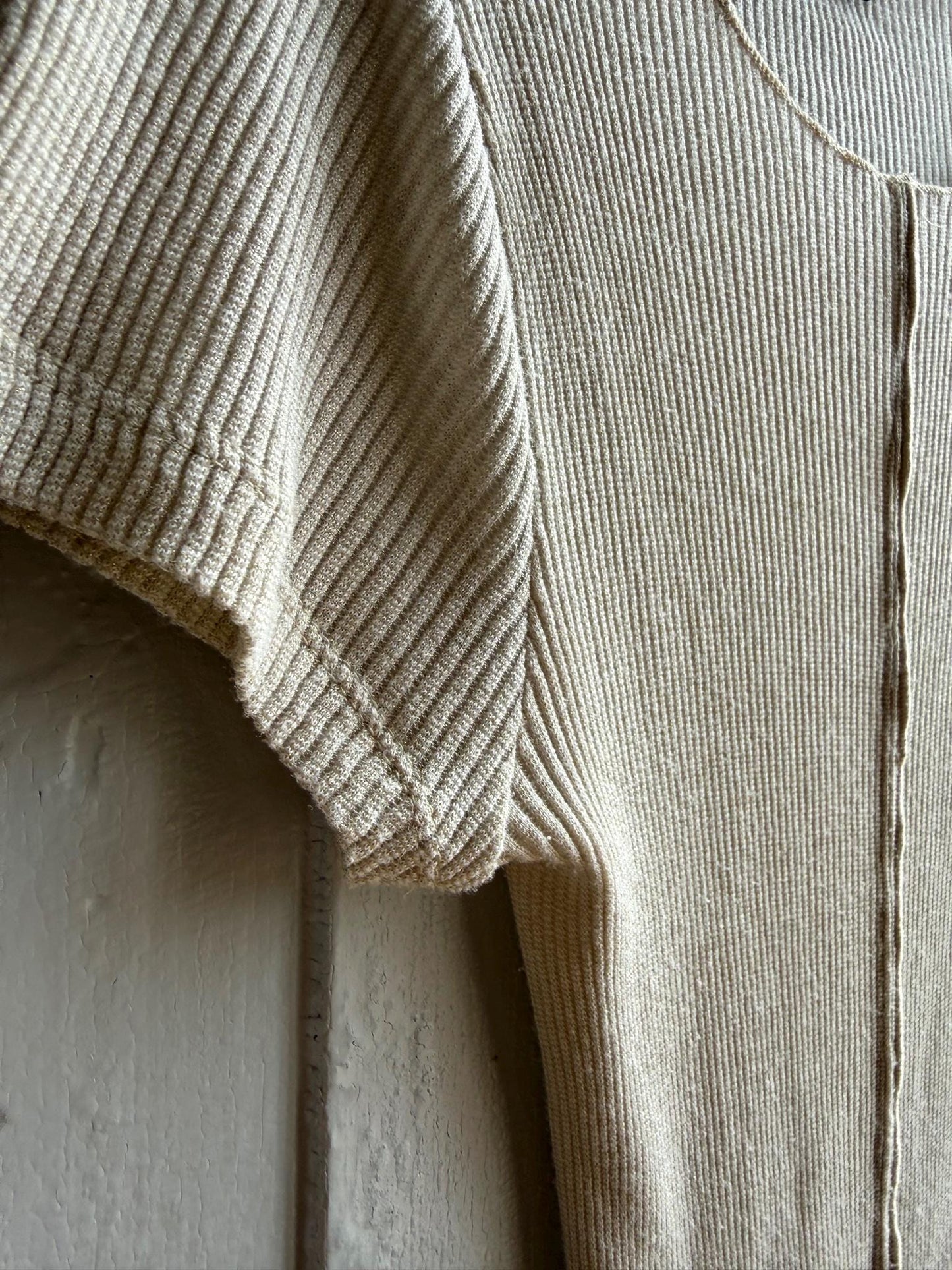 Massimo Dutti Ribbed Knit Top, Beige Glitter Shimmer shirt, Minimalist Chic Stretchy Luxury Women Top, Size XS