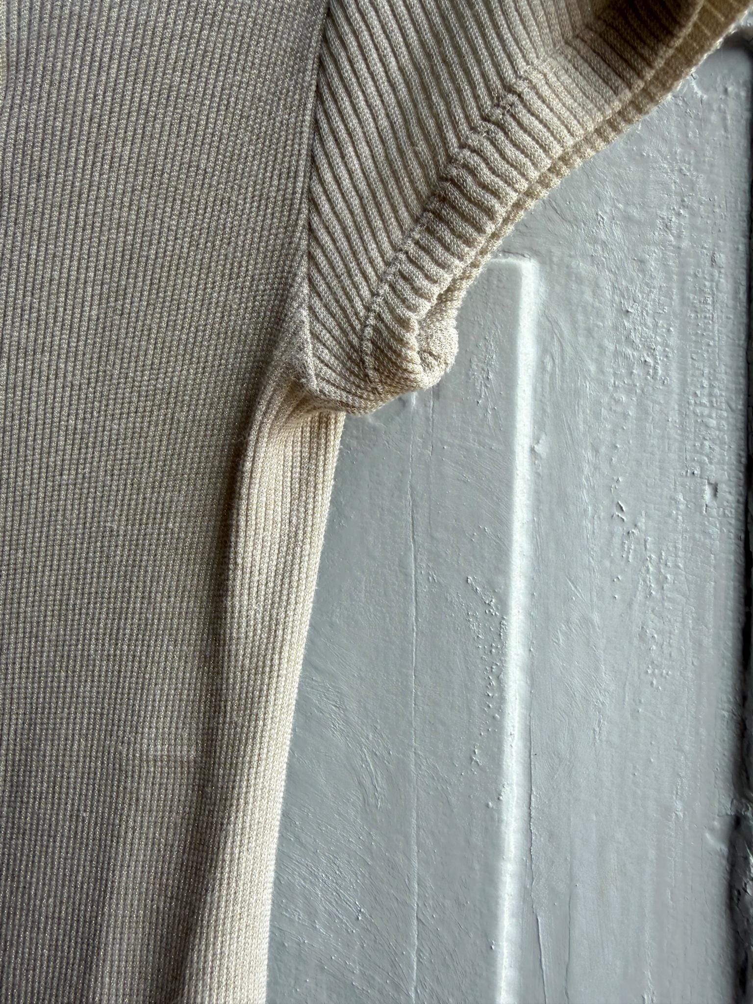 Massimo Dutti Ribbed Knit Top, Beige Glitter Shimmer shirt, Minimalist Chic Stretchy Luxury Women Top, Size XS