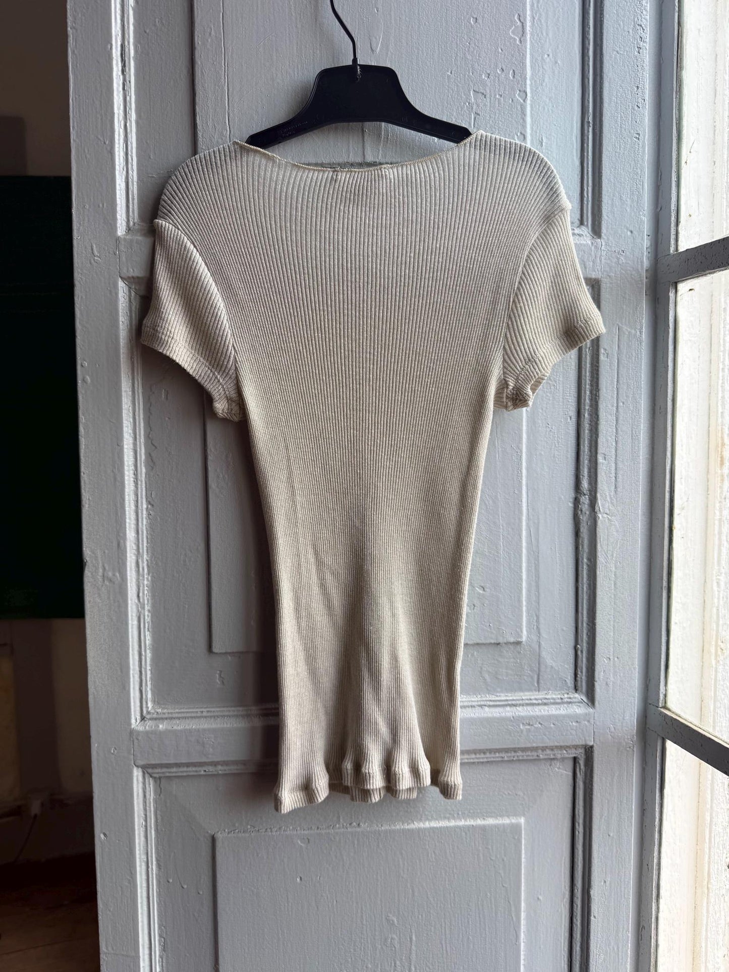 Massimo Dutti Ribbed Knit Top, Beige Glitter Shimmer shirt, Minimalist Chic Stretchy Luxury Women Top, Size XS