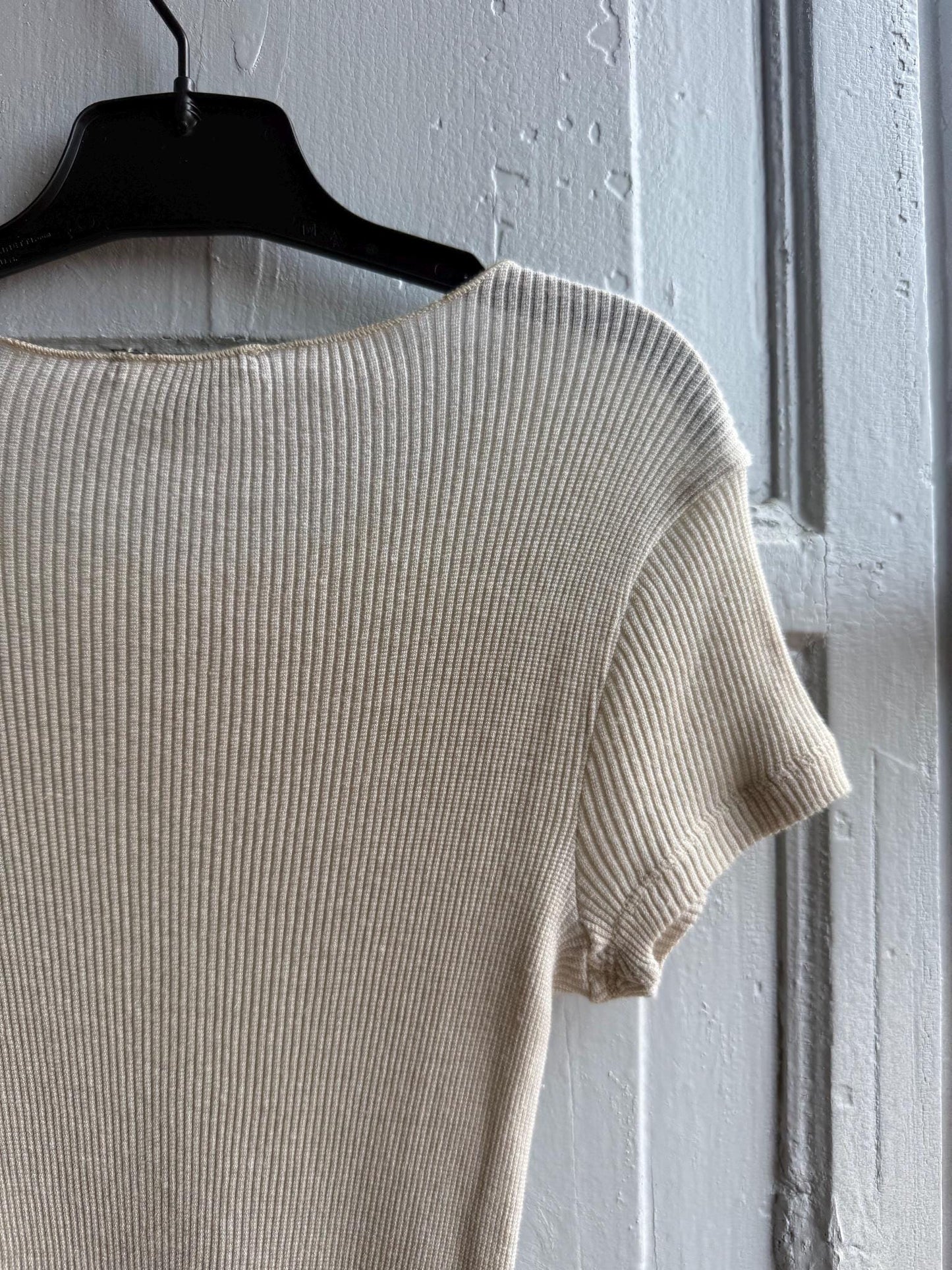 Massimo Dutti Ribbed Knit Top, Beige Glitter Shimmer shirt, Minimalist Chic Stretchy Luxury Women Top, Size XS
