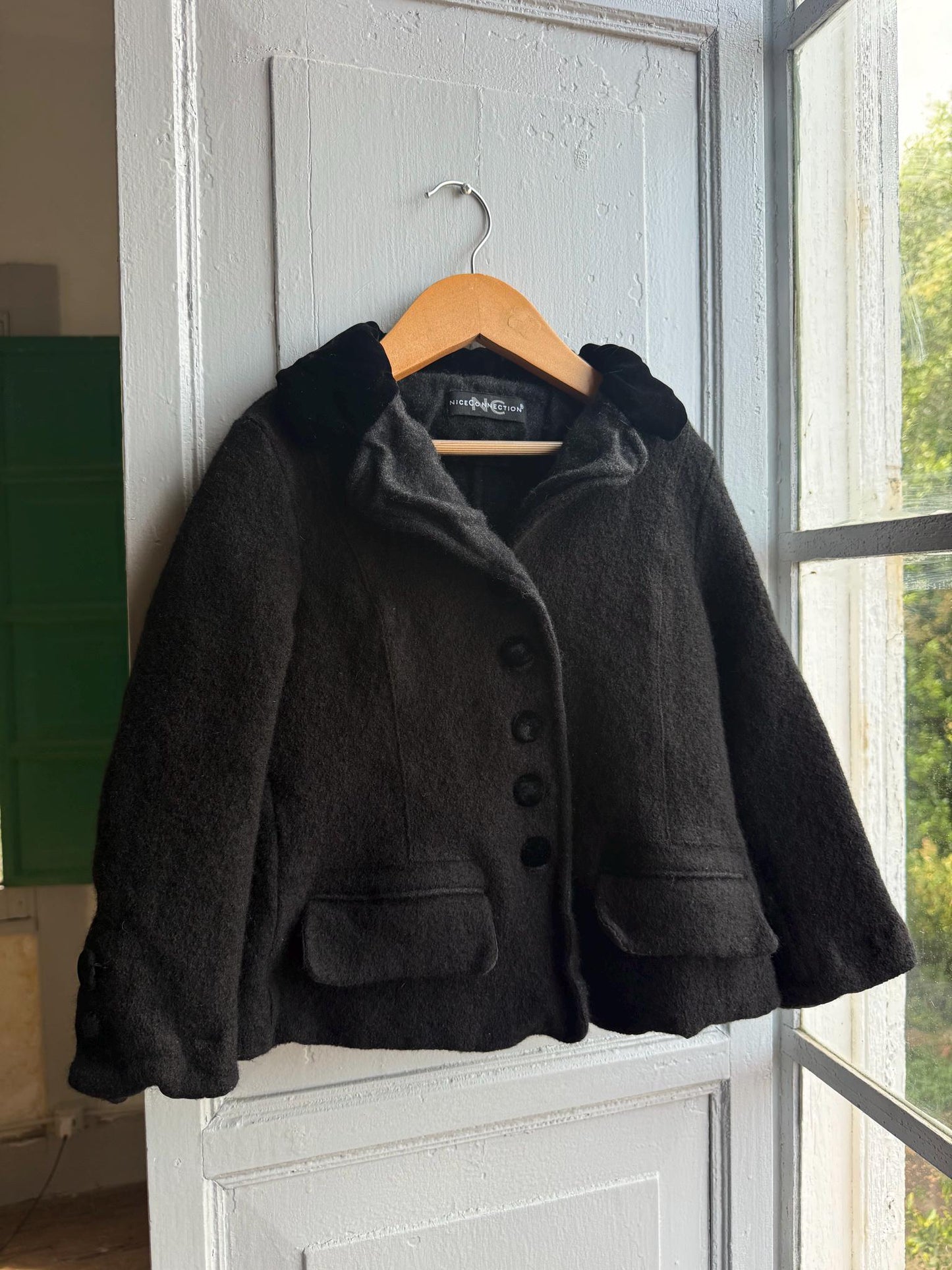 Vintage Felted Wool Jacket, Cropped Black Wool Coat, Parisian Chic Girls Jacket ,Boiled Wool