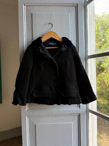 Vintage Felted Wool Jacket, Cropped Black Wool Coat, Parisian Chic Girls Jacket ,Boiled Wool