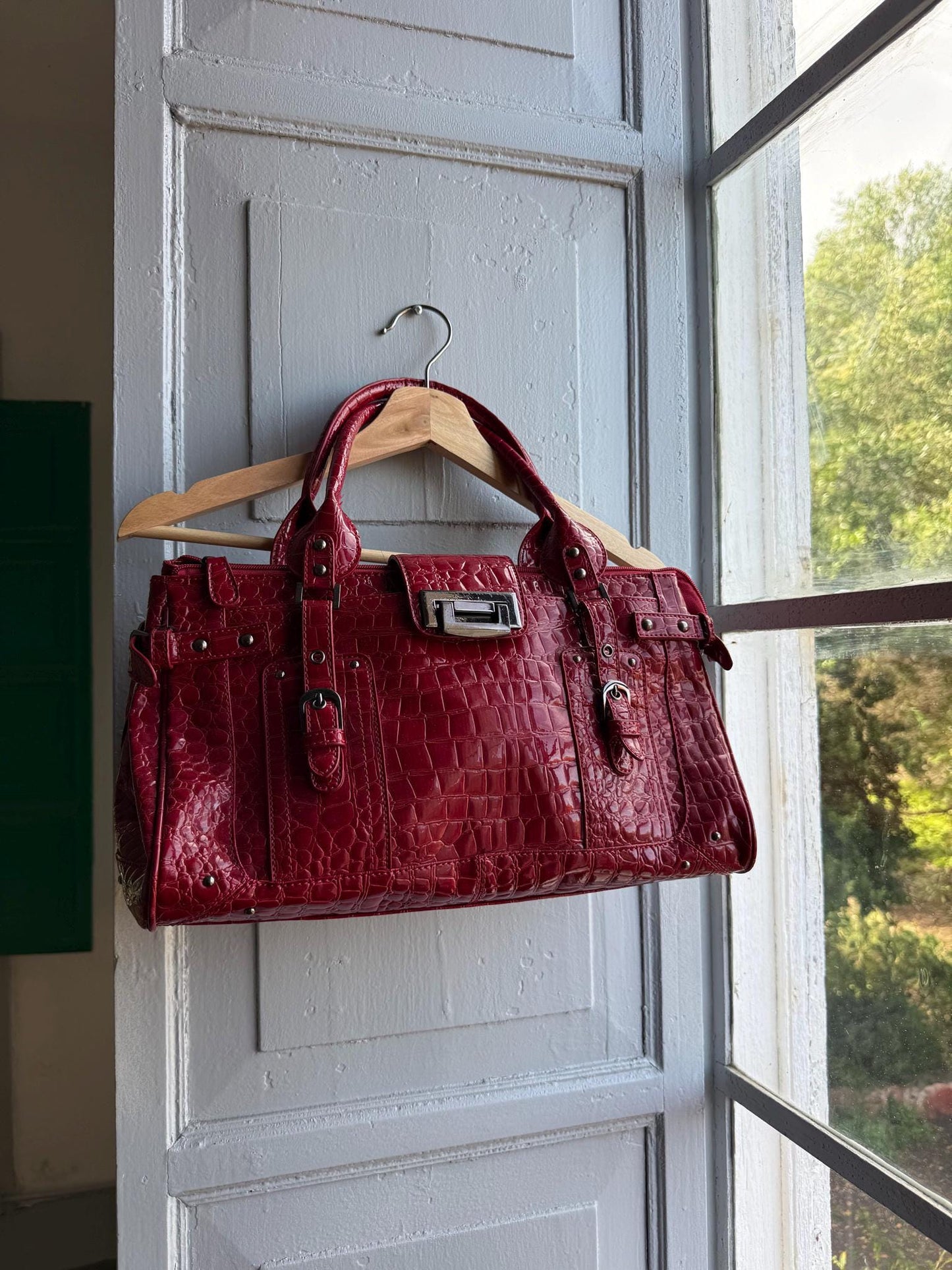 Red Patent Handbag, Y2K Croc Embossed Bag, Vintage Glam Shoulder Bag, Statement Purse Women