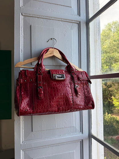 Red Patent Handbag, Y2K Croc Embossed Bag, Vintage Glam Shoulder Bag, Statement Purse Women
