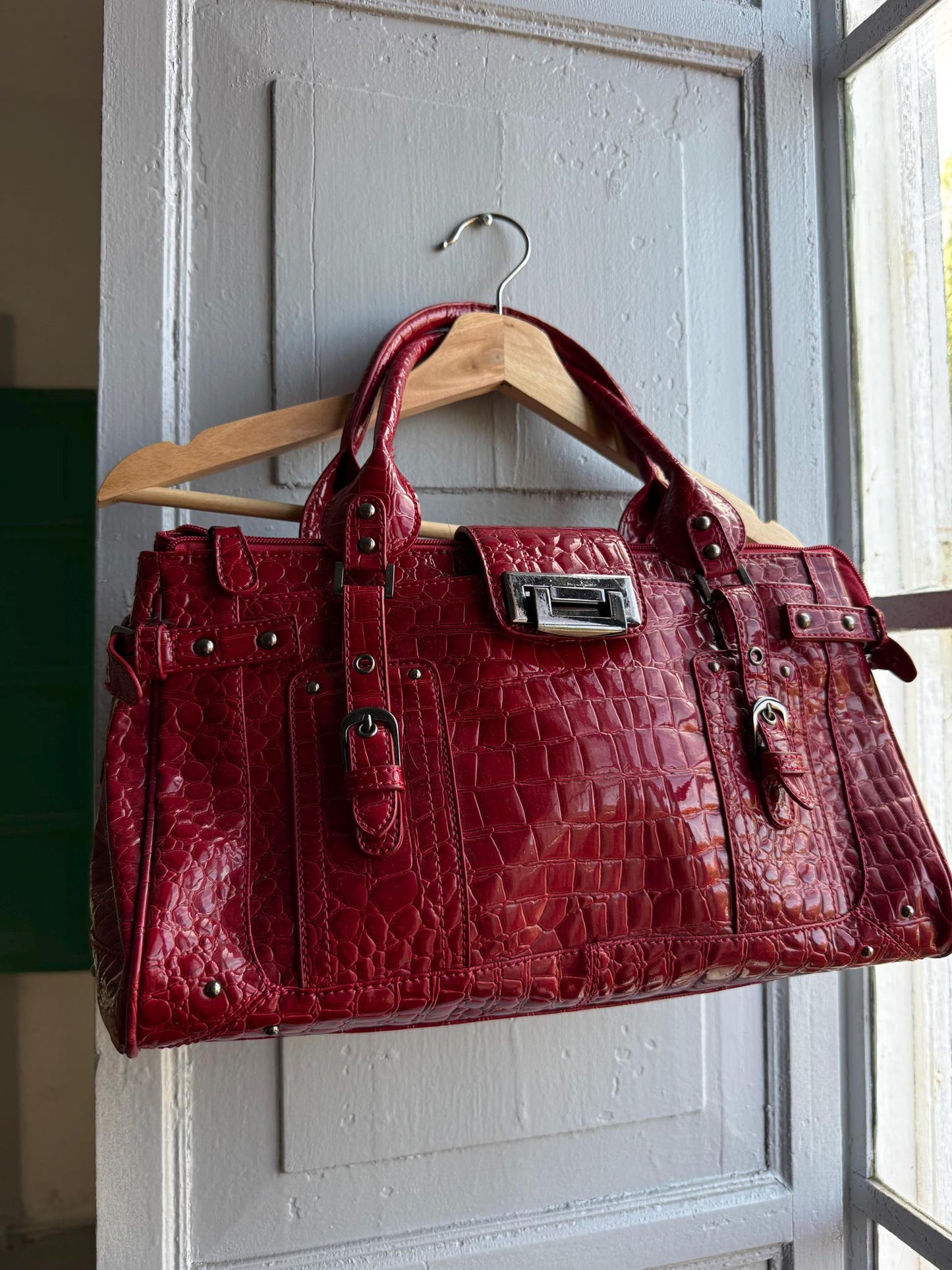 Red Patent Handbag, Y2K Croc Embossed Bag, Vintage Glam Shoulder Bag, Statement Purse Women
