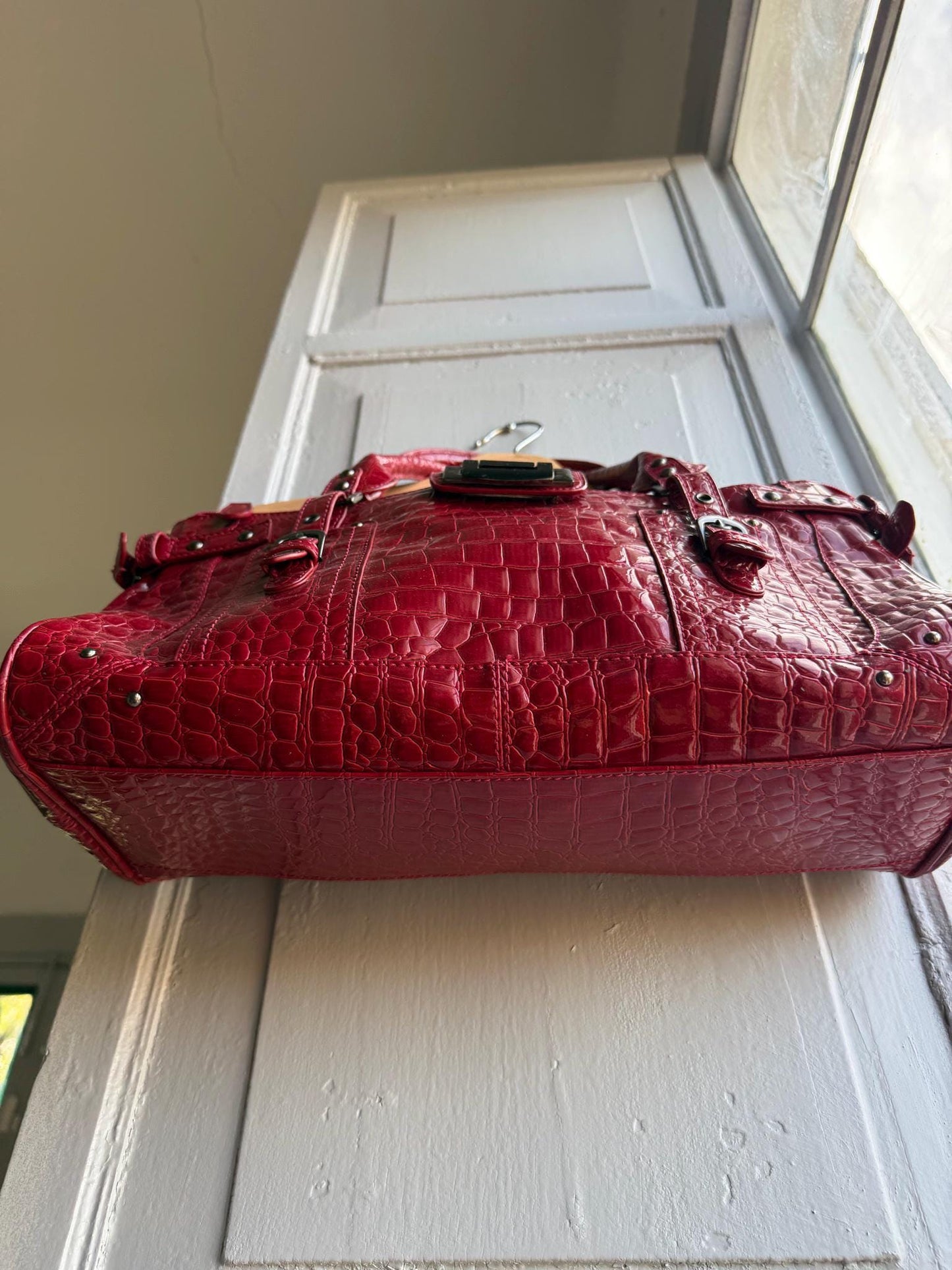 Red Patent Handbag, Y2K Croc Embossed Bag, Vintage Glam Shoulder Bag, Statement Purse Women