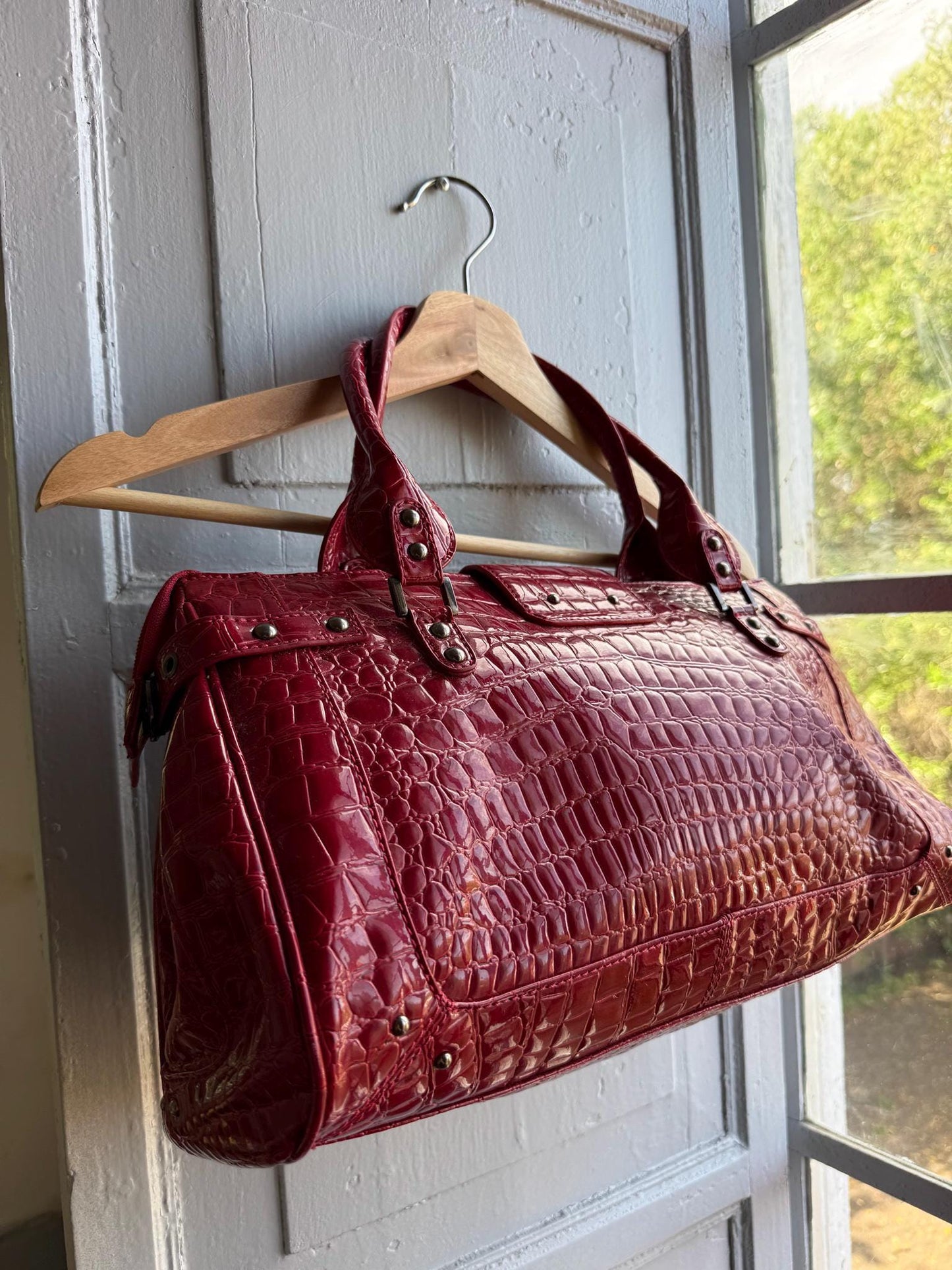 Red Patent Handbag, Y2K Croc Embossed Bag, Vintage Glam Shoulder Bag, Statement Purse Women