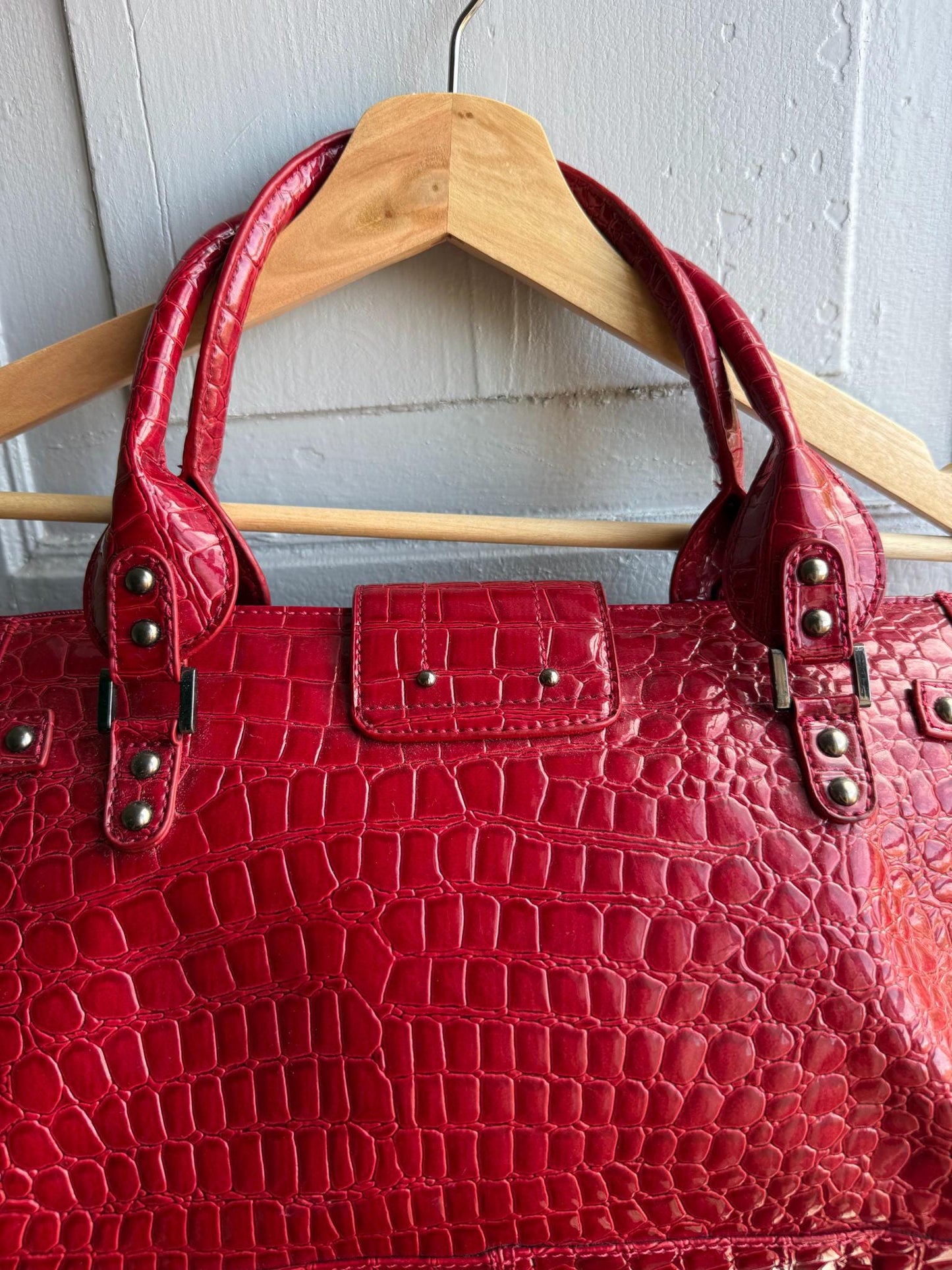 Red Patent Handbag, Y2K Croc Embossed Bag, Vintage Glam Shoulder Bag, Statement Purse Women