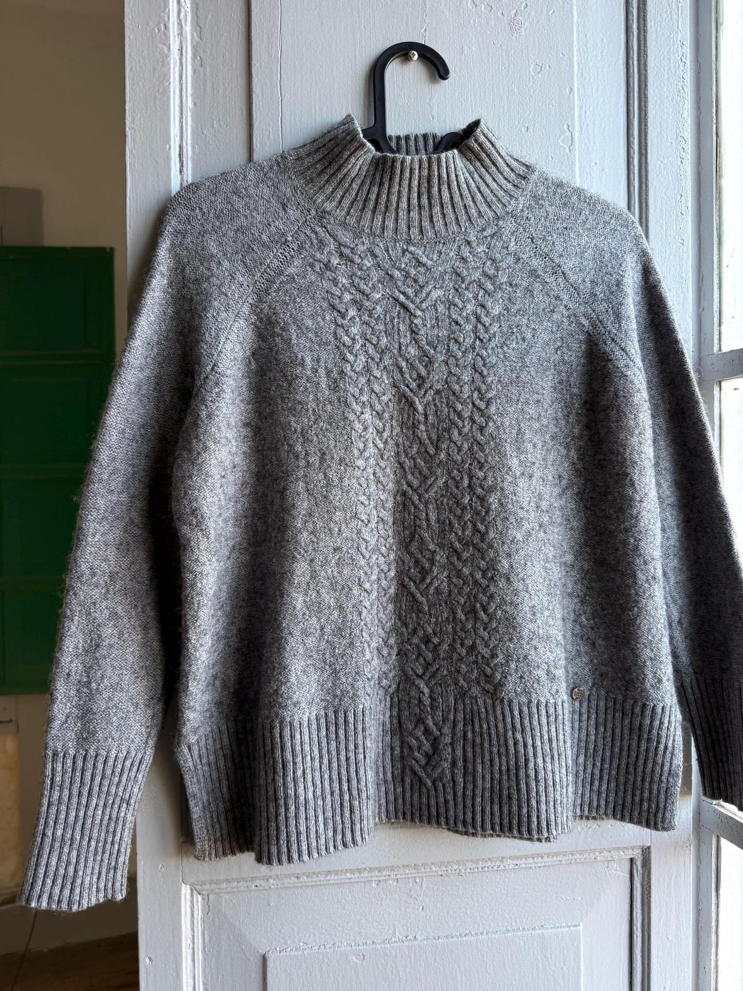Grey Wool Blend Cable Knit Sweater — back view