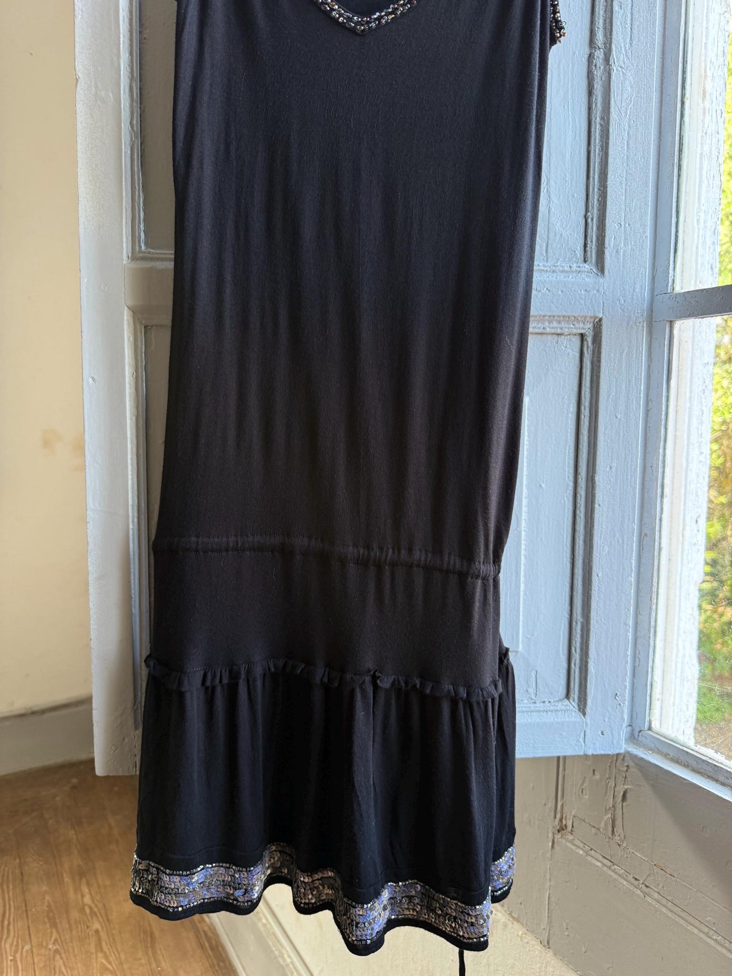 Black Beaded Y2K Slip Dress — fabric close-up