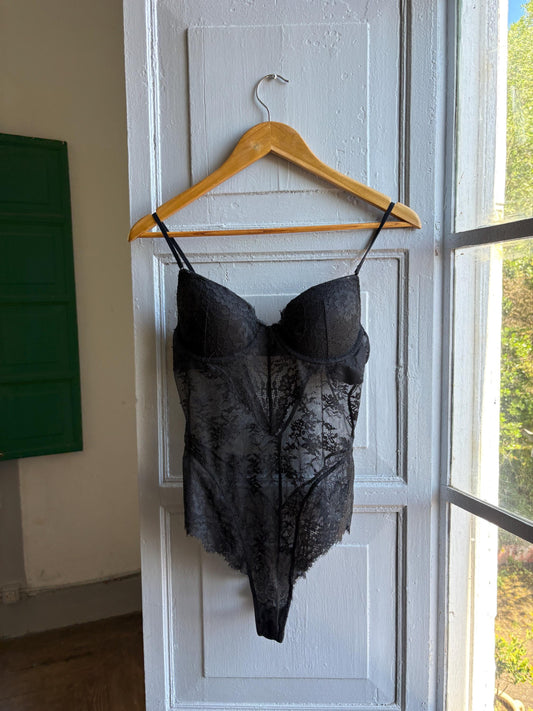 Vintage Black Lace Bodysuit with Structured Cups