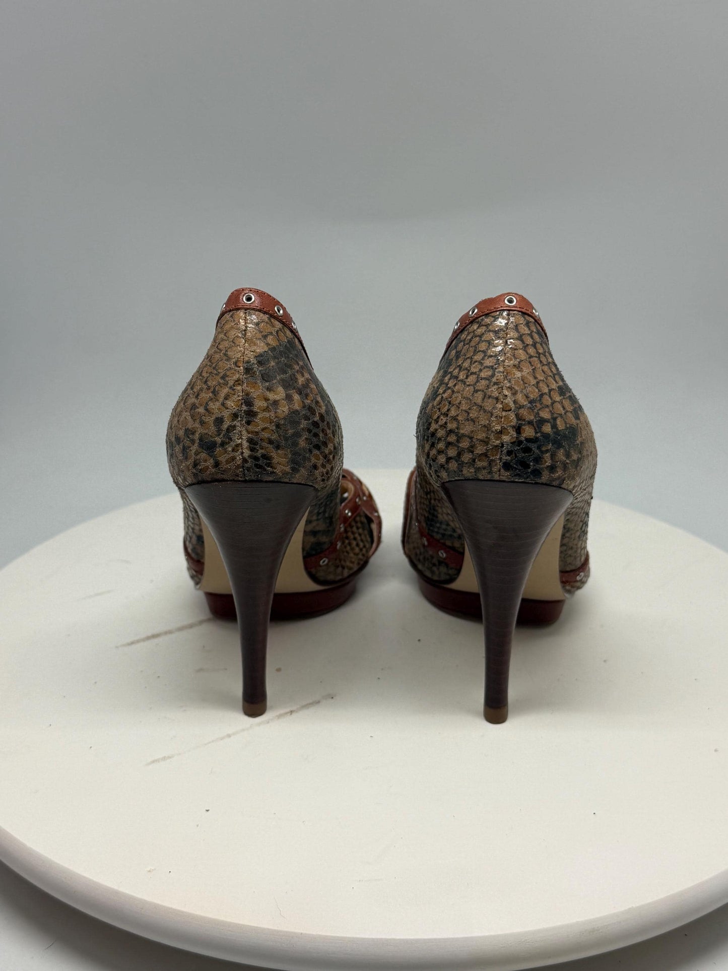 Guess brown snakeskin peep, toe heels, real leather, party wear, size 36