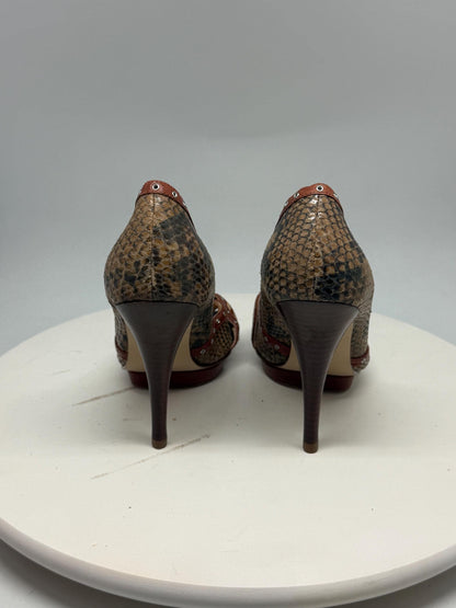 Guess brown snakeskin peep, toe heels, real leather, party wear, size 36