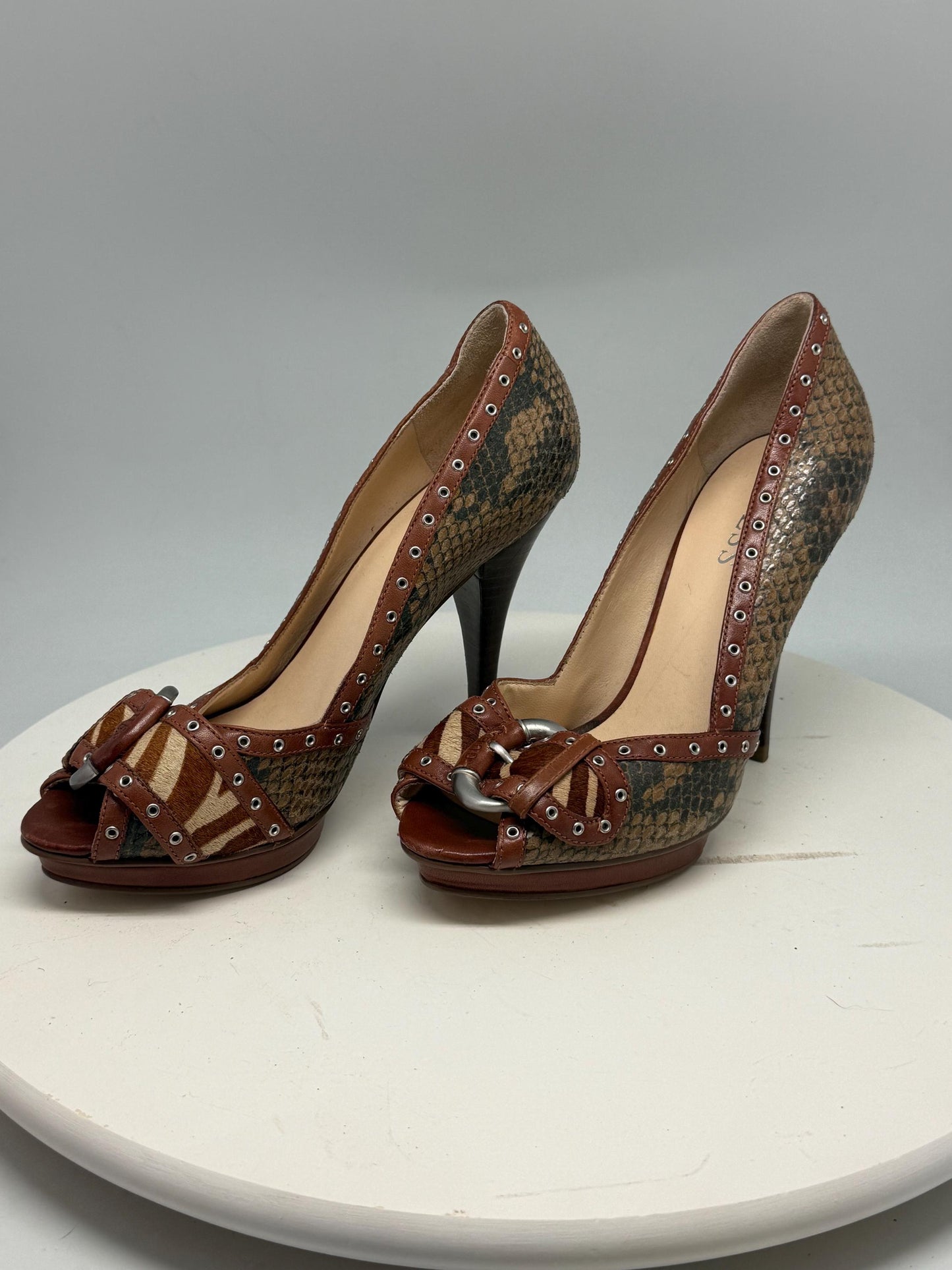 Guess brown snakeskin peep, toe heels, real leather, party wear, size 36
