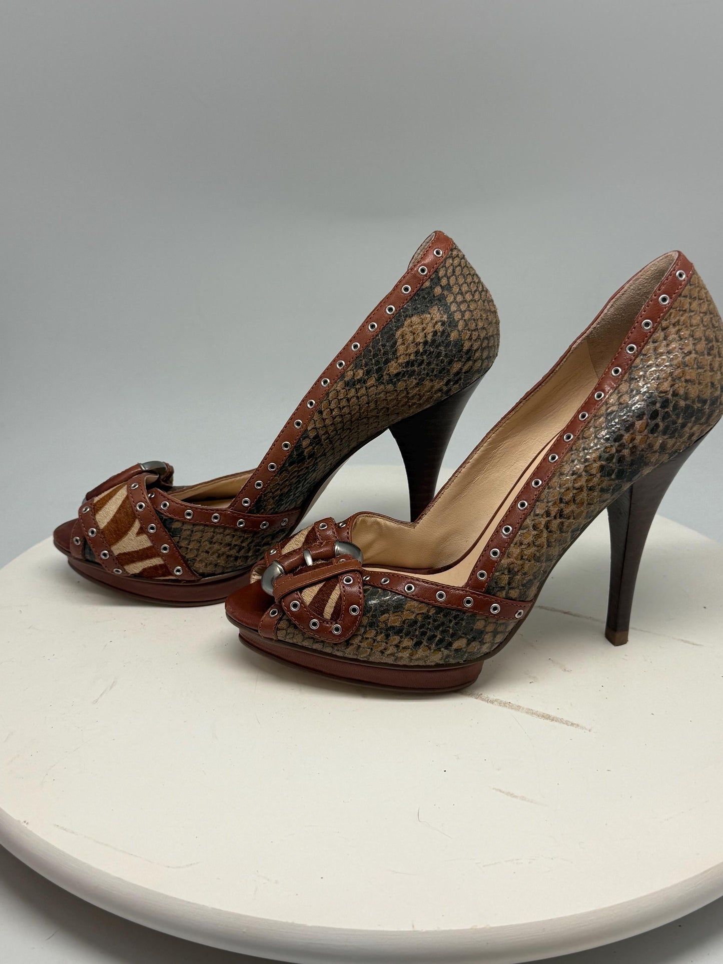 Guess brown snakeskin peep, toe heels, real leather, party wear, size 36