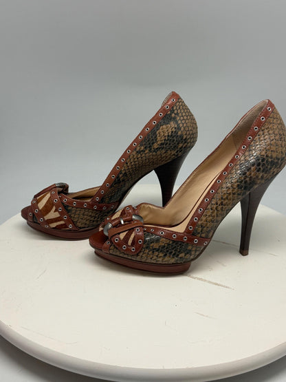 Guess brown snakeskin peep, toe heels, real leather, party wear, size 36