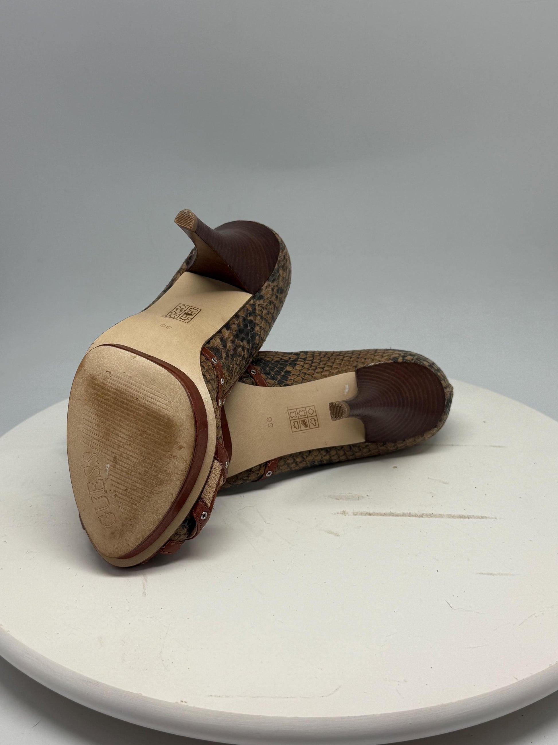 Guess brown snakeskin peep, toe heels, real leather, party wear, size 36