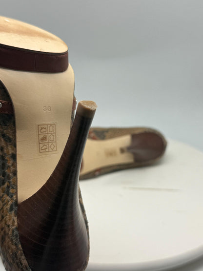 Guess brown snakeskin peep, toe heels, real leather, party wear, size 36