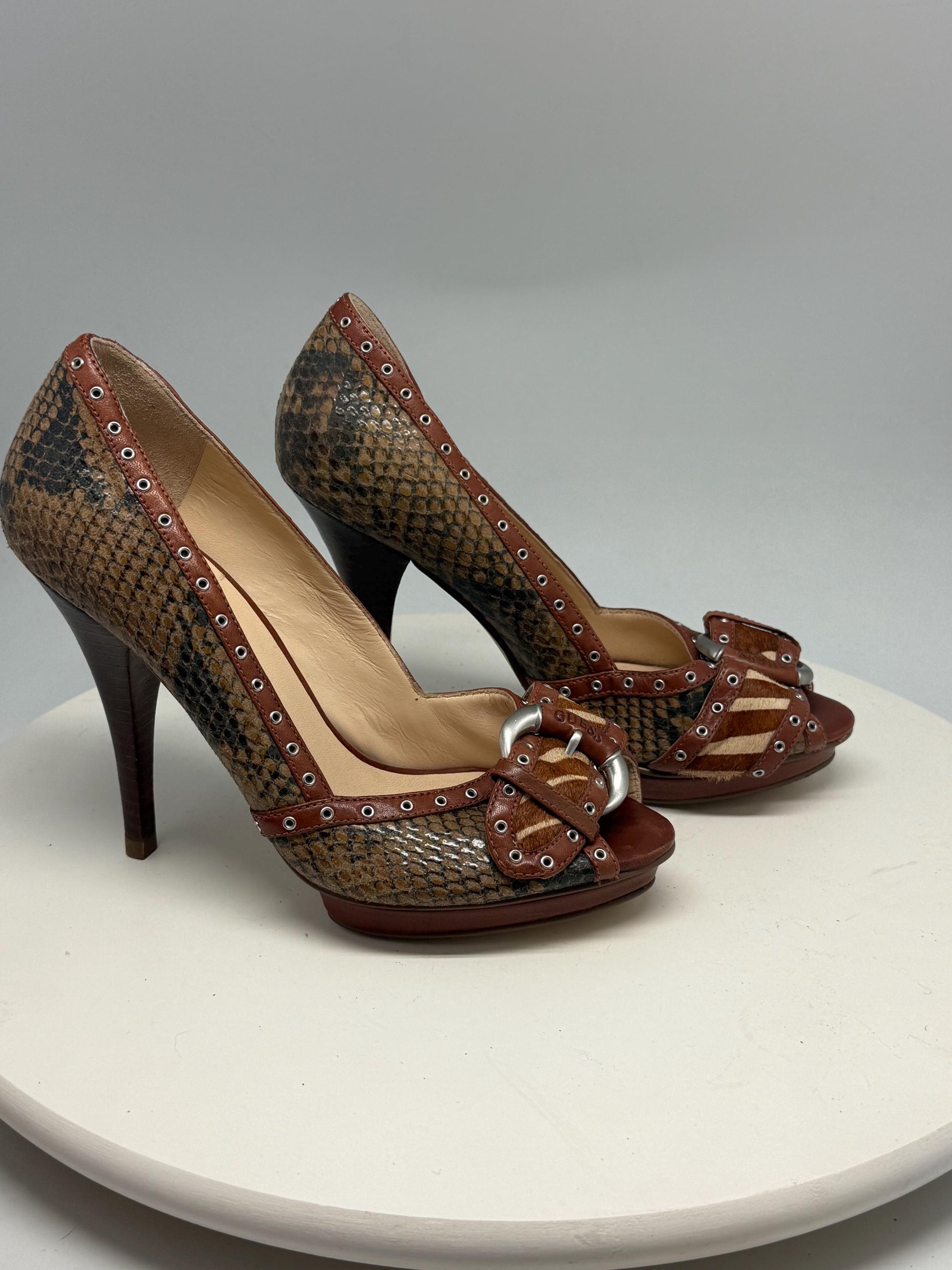 Guess brown snakeskin peep, toe heels, real leather, party wear, size 36