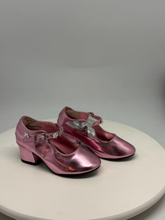 Shiny pink Mary Jane heels, floral embellishments, strap, party wear, size 26