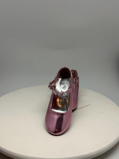 Shiny pink Mary Jane heels, floral embellishments, strap, party wear, size 26