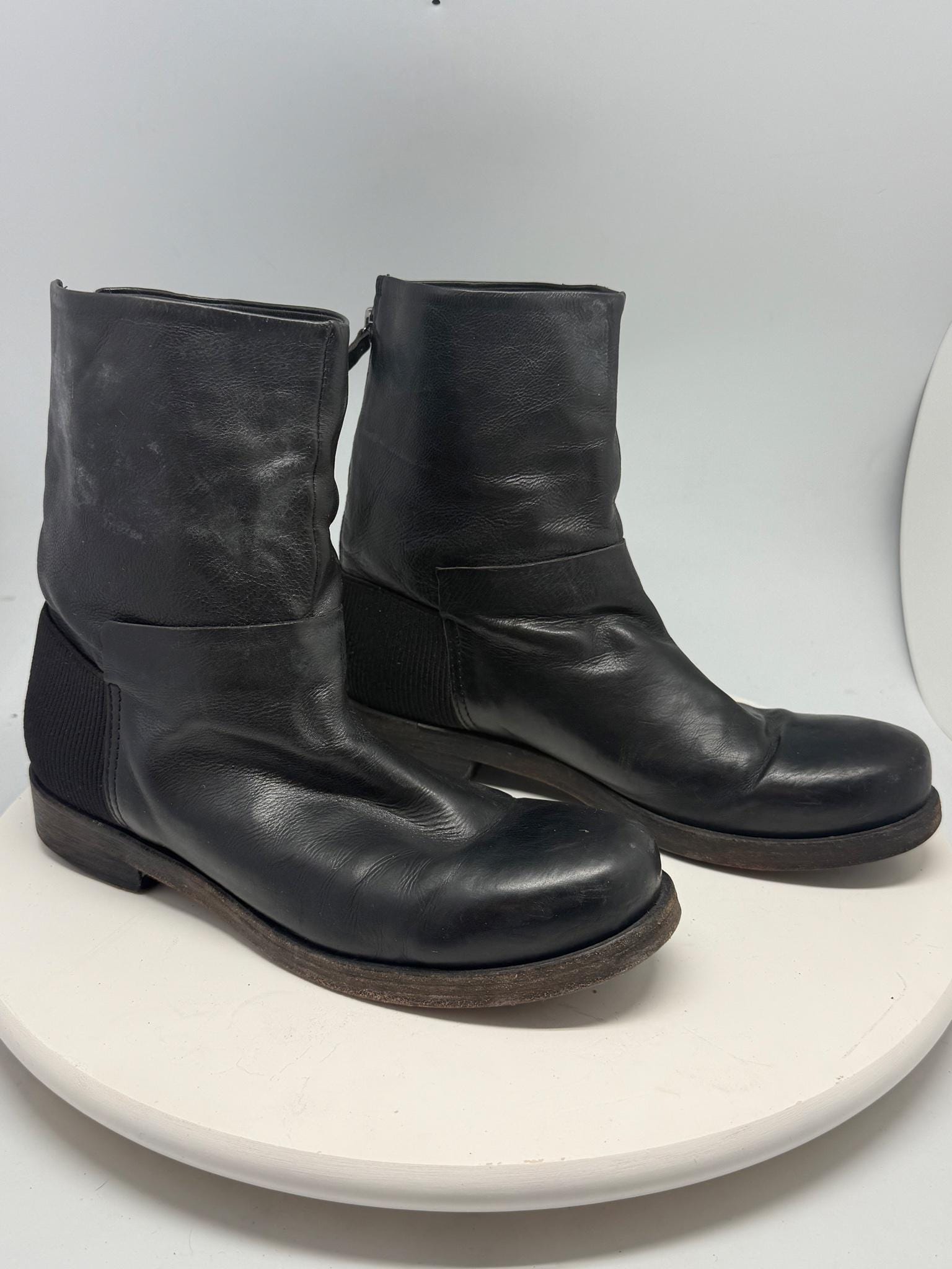 Black Leather Block Heel Ankle Boots — back view