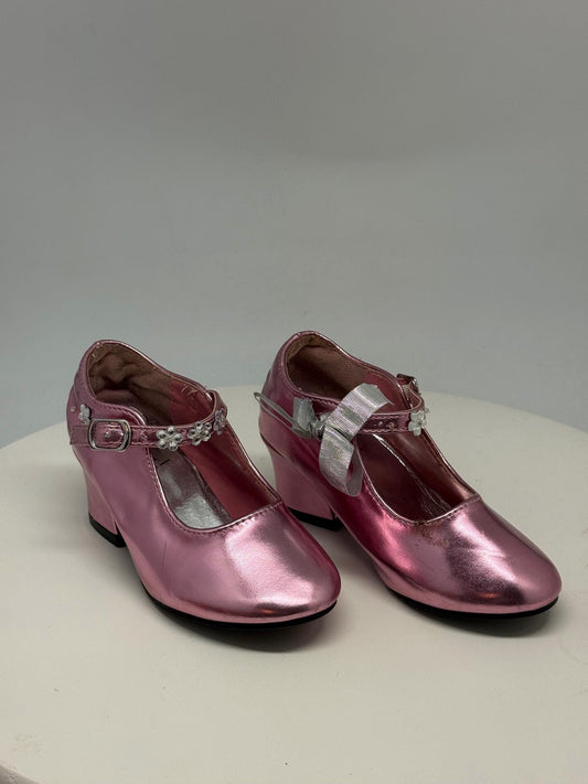 Shiny pink Mary Jane heels, floral embellishments, strap, party wear, size 26