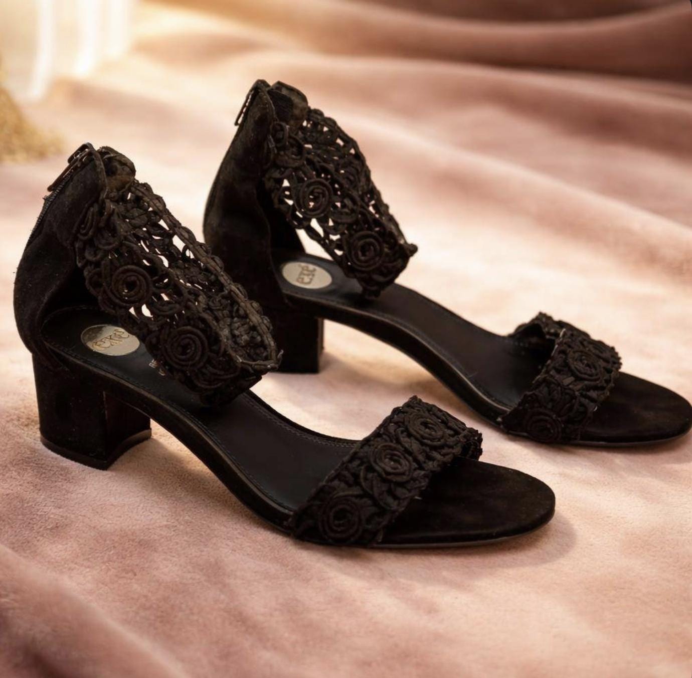 Black Heels With Floral Crochet Detail