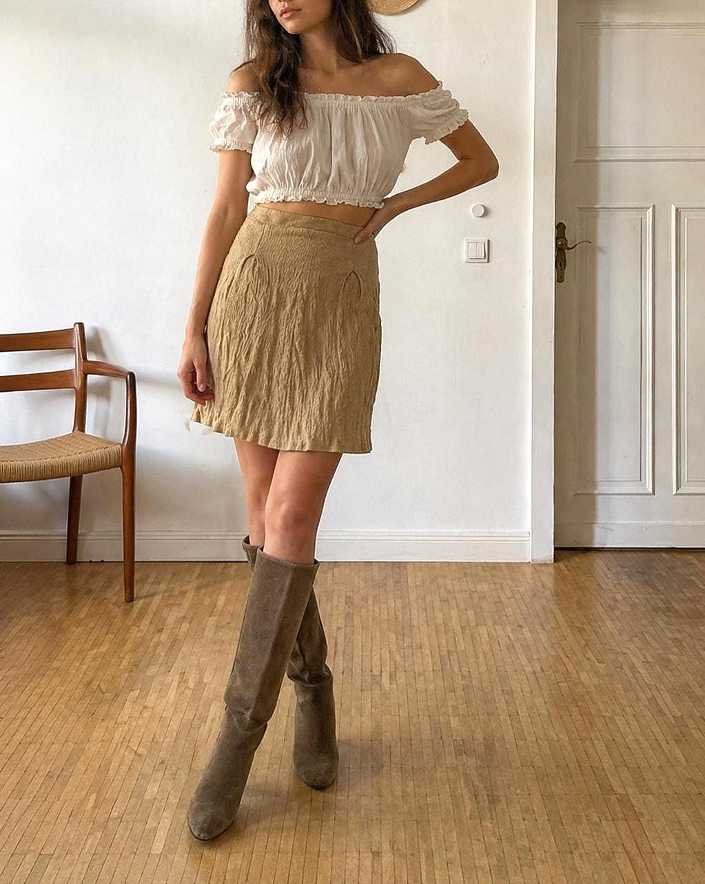 Tan High Waist Midi Skirt