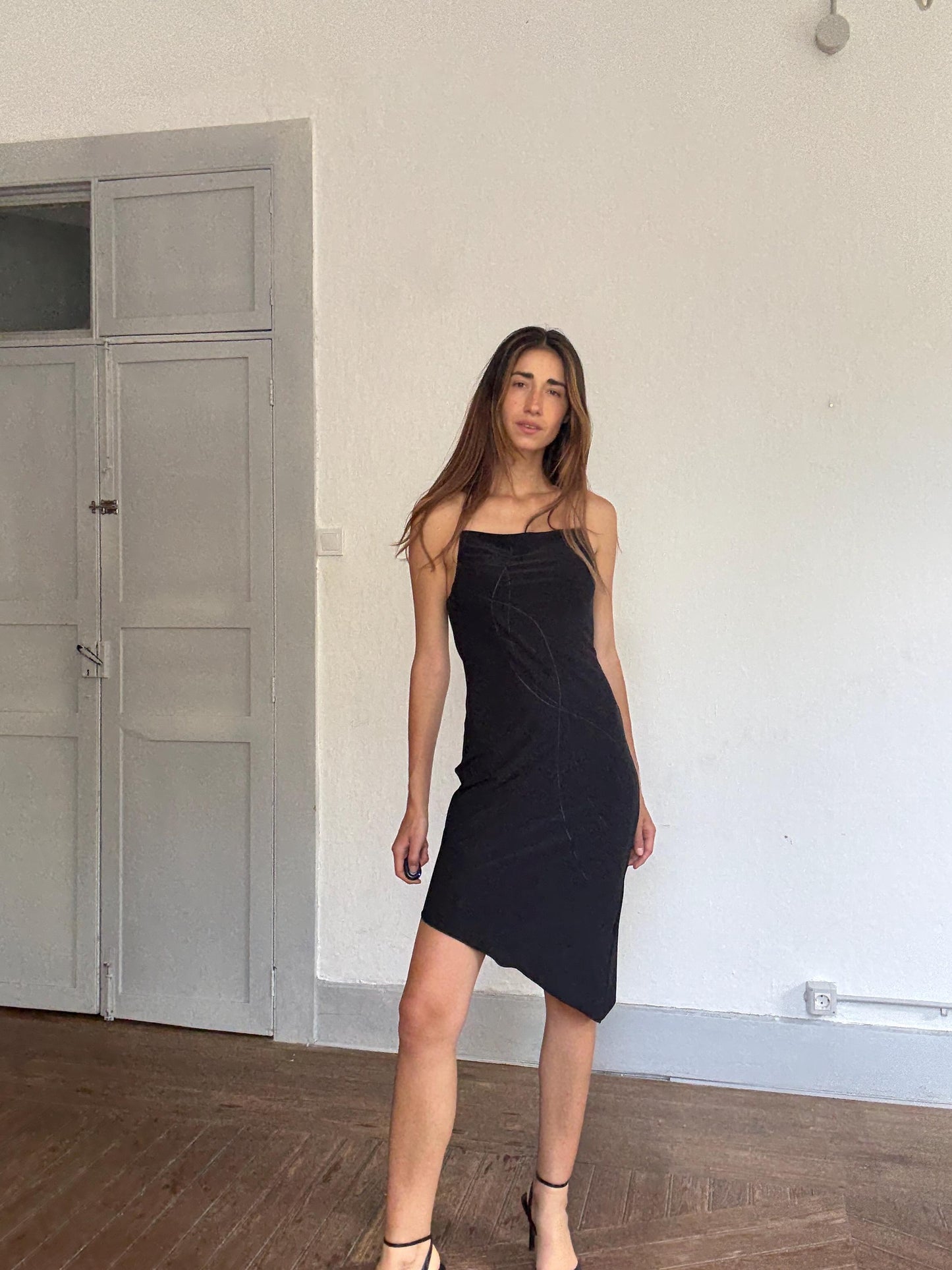 Y2K Black Asymmetric Midi Dress