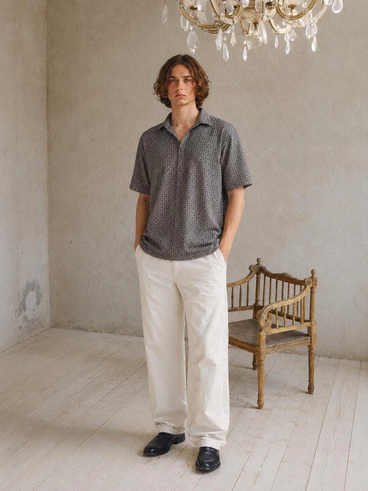 Vintage Emidio Tucci Pattern Polo Shirt, Mens Geometric Print Lightweight Summer clothing, Designer Relaxed Retro Top