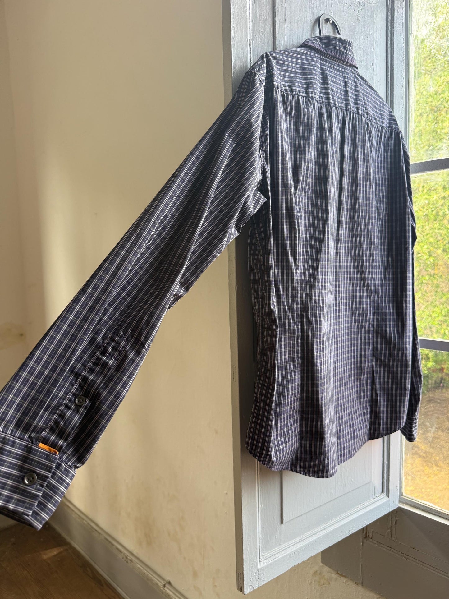 Boss Orange Purple Plaid Mens Shirt, Branded Button Down, Luxury Preppy menswear, Size M