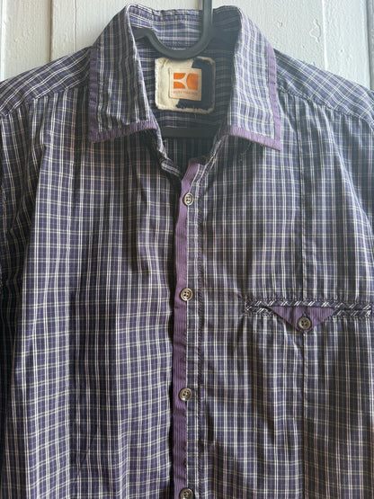 Boss Orange Purple Plaid Mens Shirt, Branded Button Down, Luxury Preppy menswear, Size M