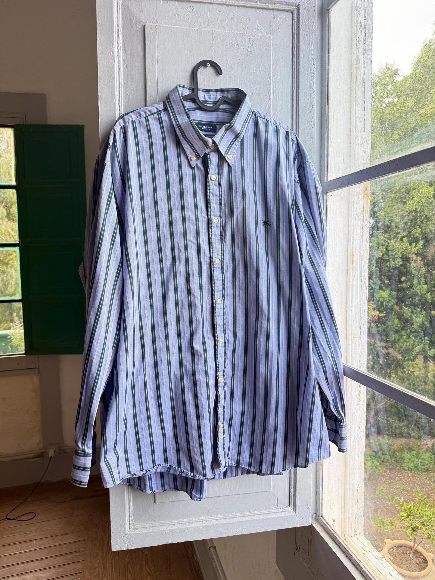 Vintage Burberry London Striped Shirt Mens Blue Button Down Luxury Cotton Old Money Designer Oversized XL