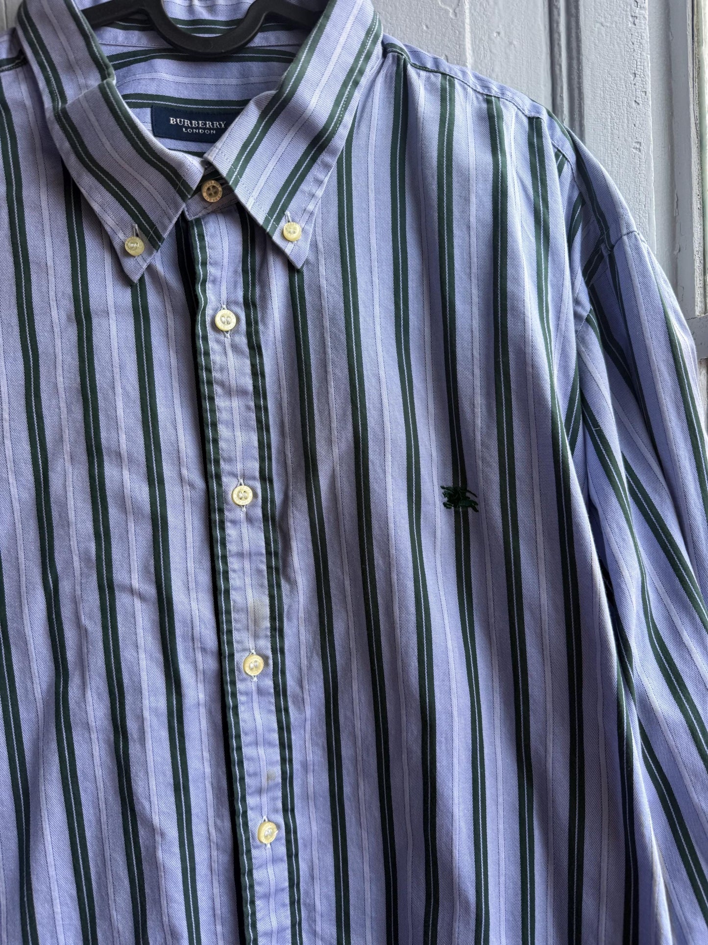 Vintage Burberry London Striped Shirt Mens Blue Button Down Luxury Cotton Old Money Designer Oversized XL