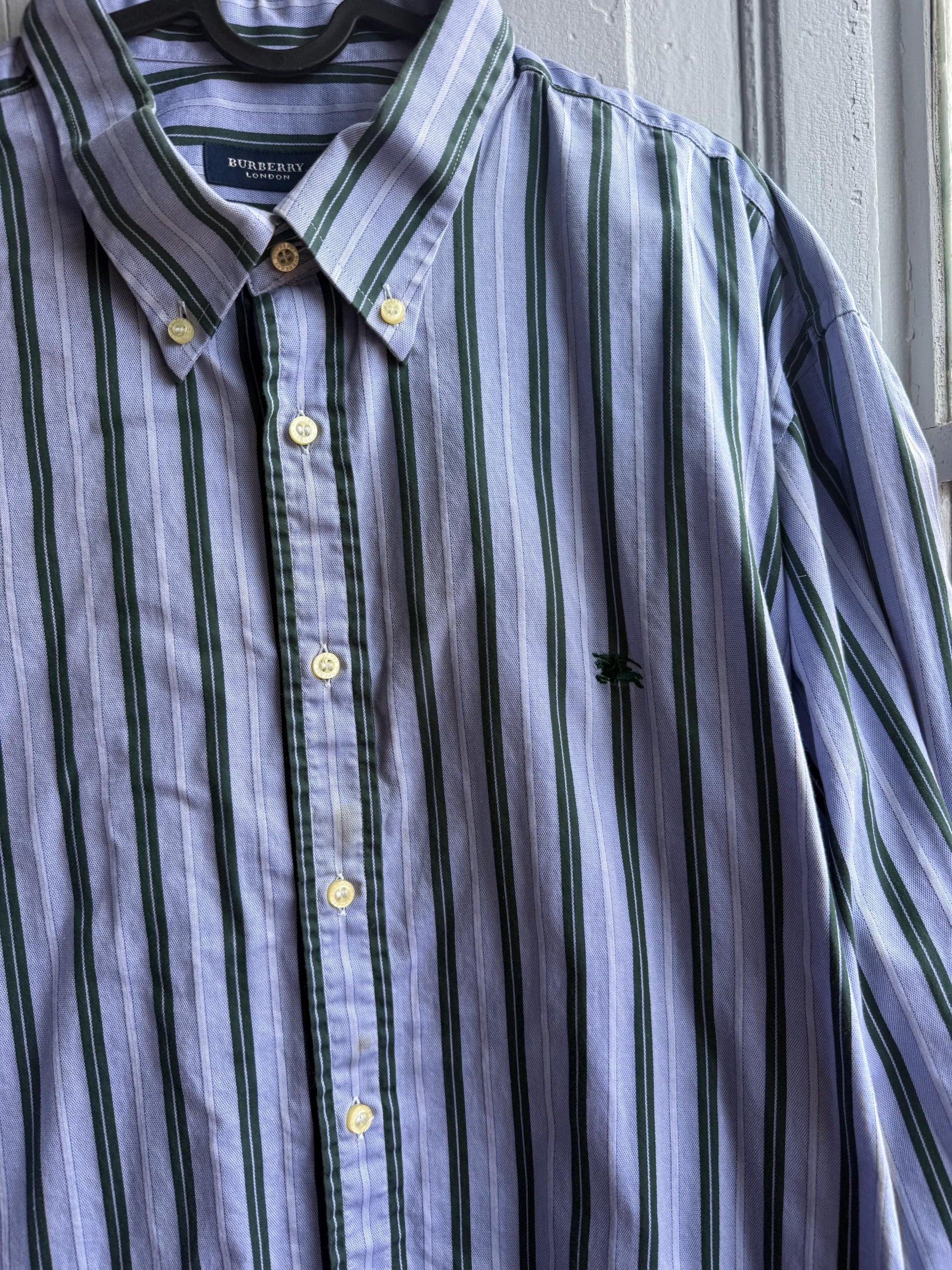 Vintage Burberry London Striped Shirt Mens Blue Button Down Luxury Cotton Old Money Designer Oversized XL
