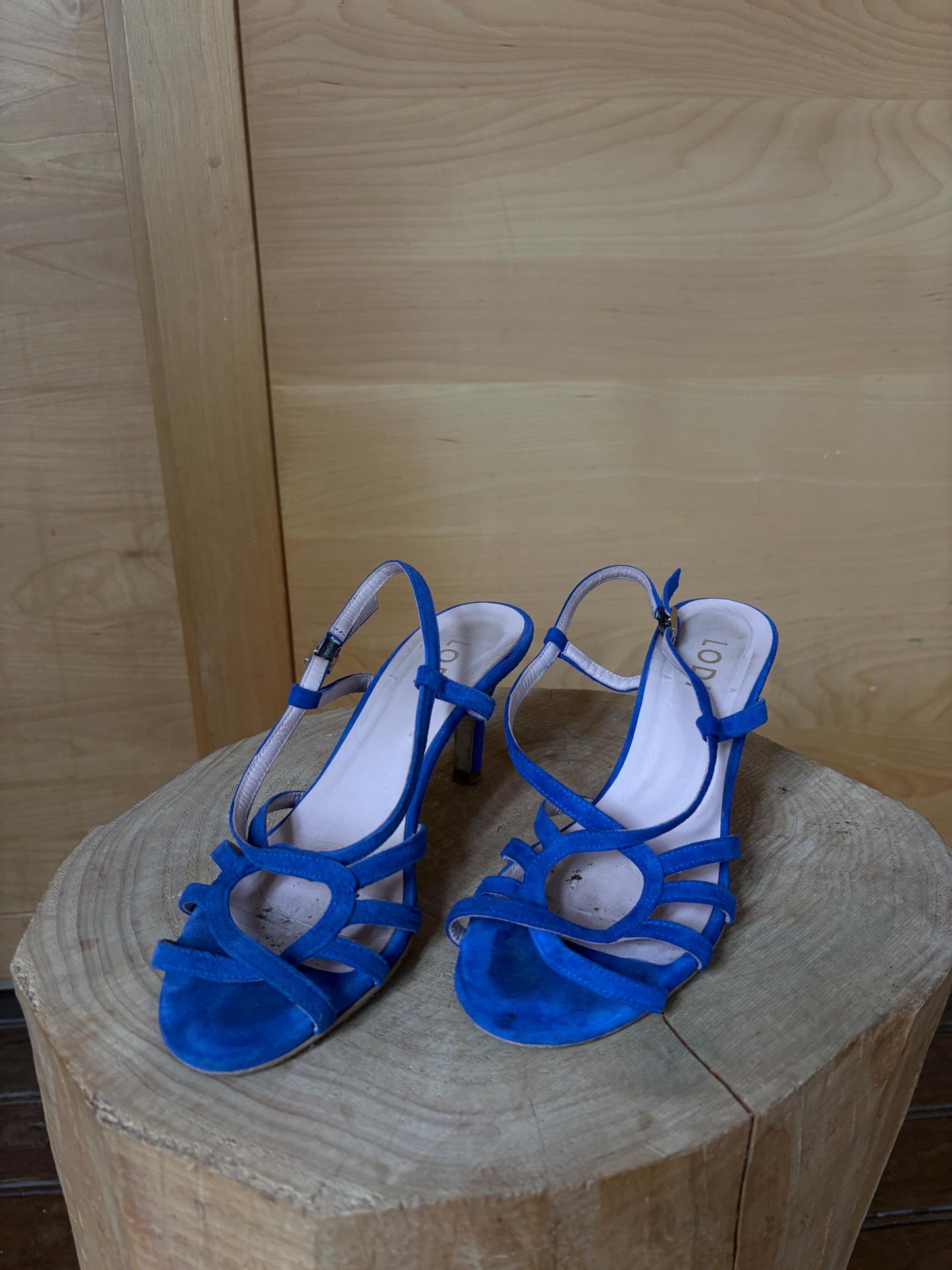 Lodi Blue Suede Sandals, Made In Spainm, Artisan designer leather Heels, Vintage Strappy Shoes, EU 37