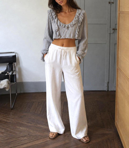 Grey Ruffle Crop Top, Romantic Boho Blouse, Prairie Long Sleeve shirt, Feminine Lightweight Womens S - M