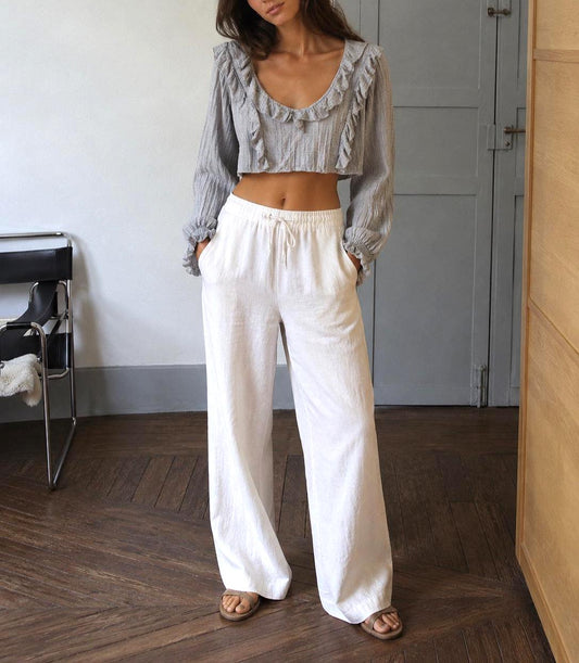 Grey Ruffle Crop Top, Romantic Boho Blouse, Prairie Long Sleeve shirt, Feminine Lightweight Womens S - M