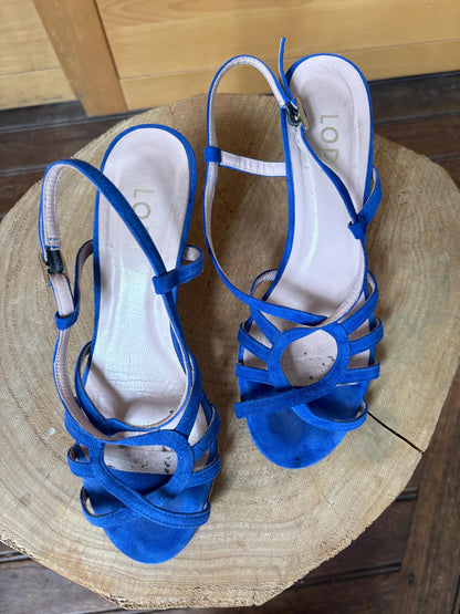 Lodi Blue Suede Sandals, Made In Spainm, Artisan designer leather Heels, Vintage Strappy Shoes, EU 37