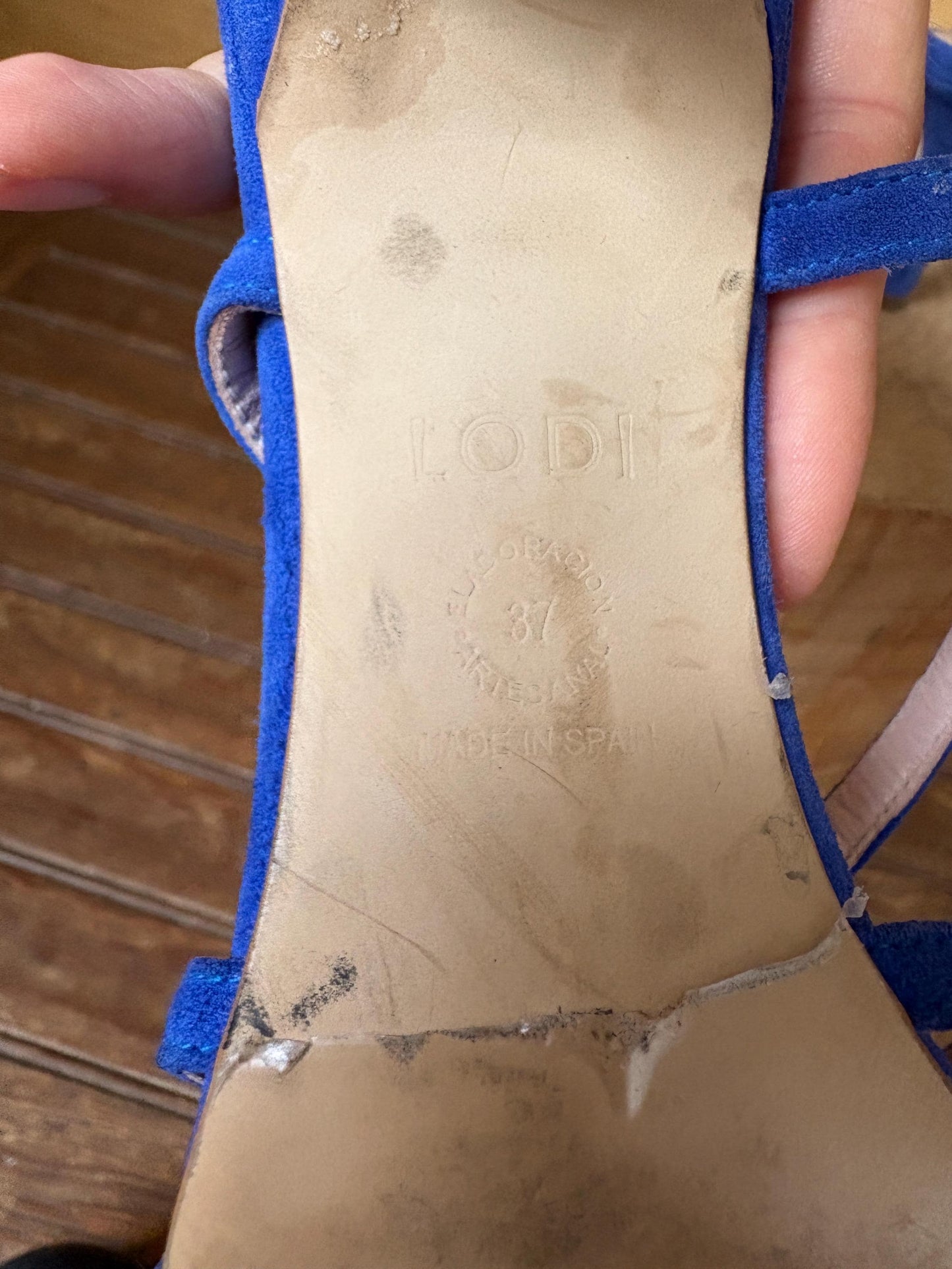 Lodi Blue Suede Sandals, Made In Spainm, Artisan designer leather Heels, Vintage Strappy Shoes, EU 37