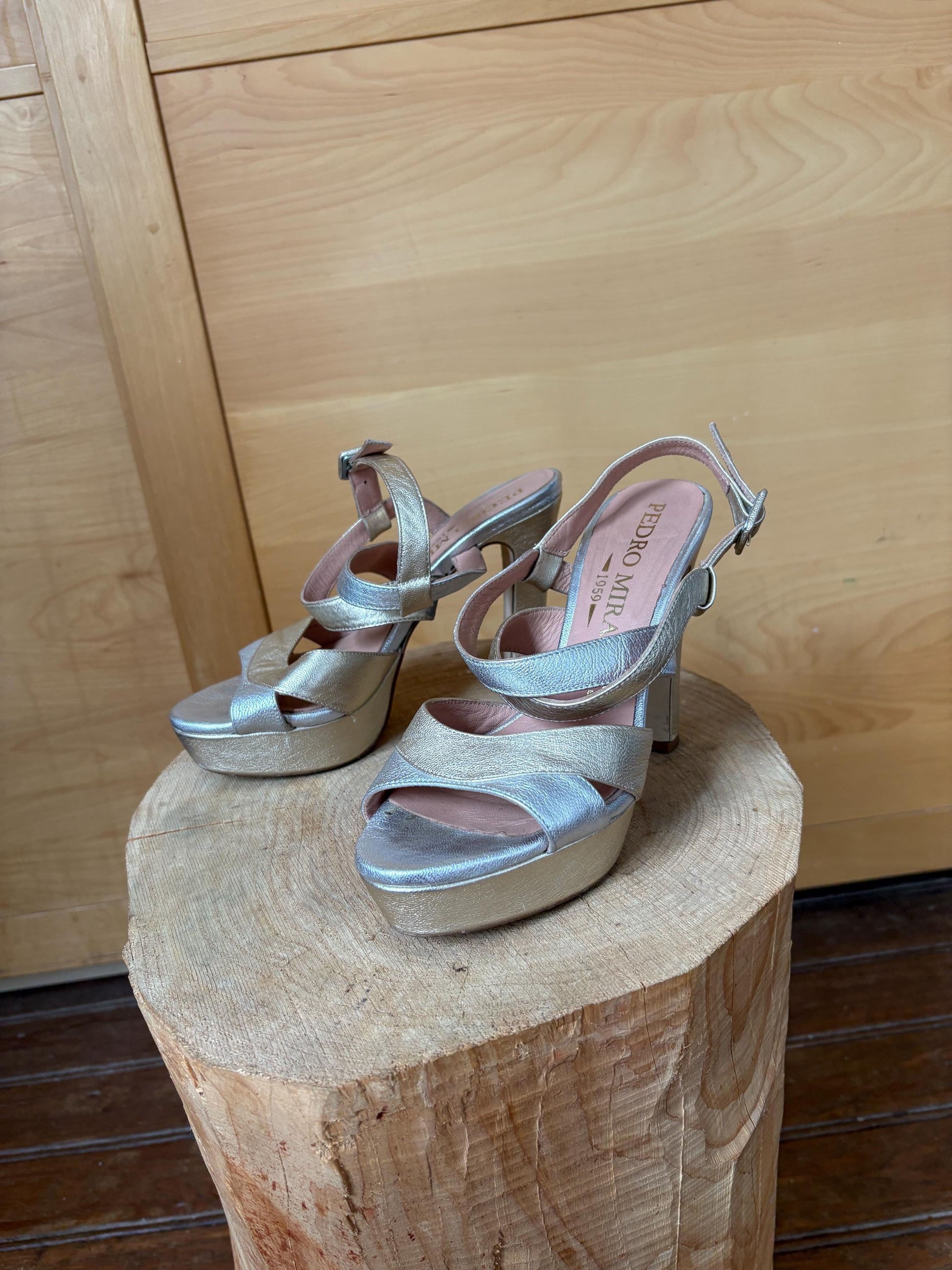 Pedro Miralles Platform Heels, Silver Gold Sandals, Luxury Designer Shoes, Made in Spainm, Y2K Party Glam, EU 38