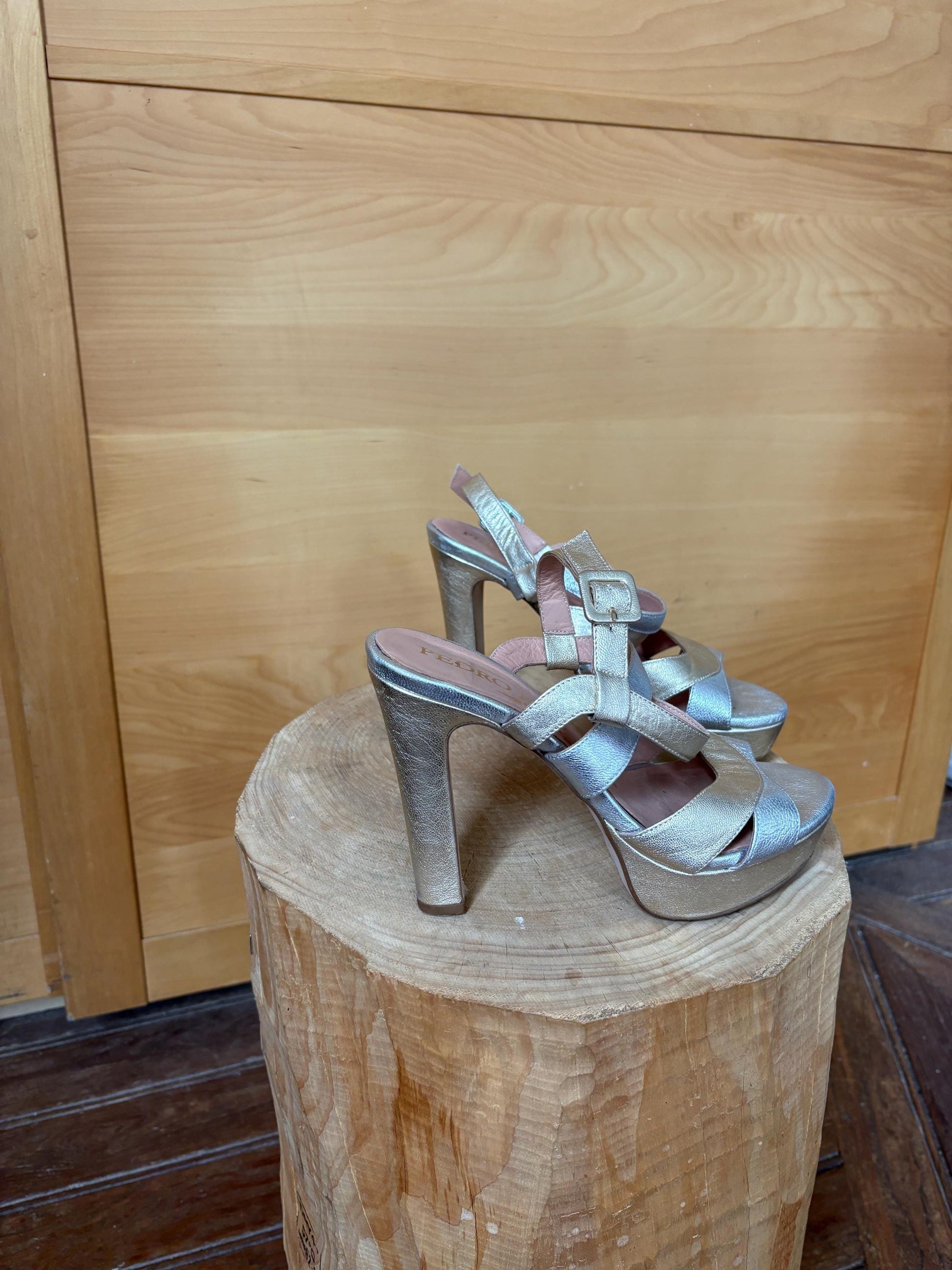 Pedro Miralles Platform Heels, Silver Gold Sandals, Luxury Designer Shoes, Made in Spainm, Y2K Party Glam, EU 38