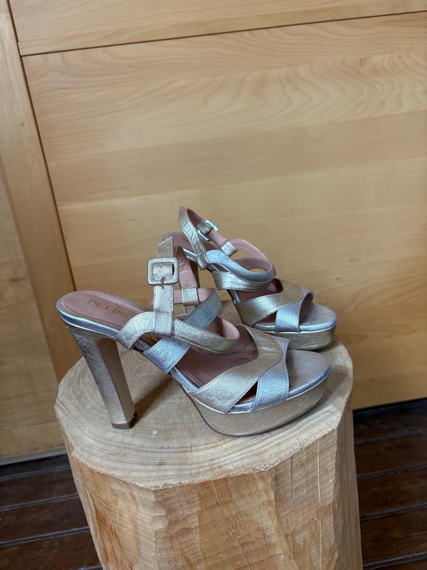 Pedro Miralles Platform Heels, Silver Gold Sandals, Luxury Designer Shoes, Made in Spainm, Y2K Party Glam, EU 38