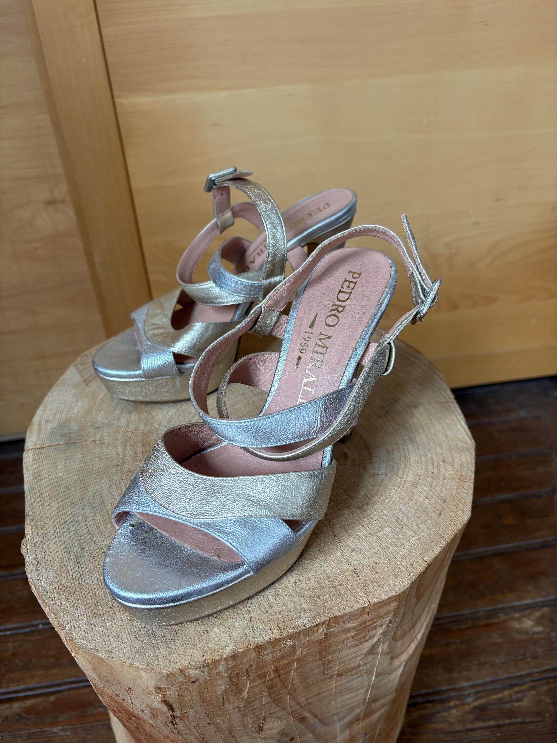 Pedro Miralles Platform Heels, Silver Gold Sandals, Luxury Designer Shoes, Made in Spainm, Y2K Party Glam, EU 38