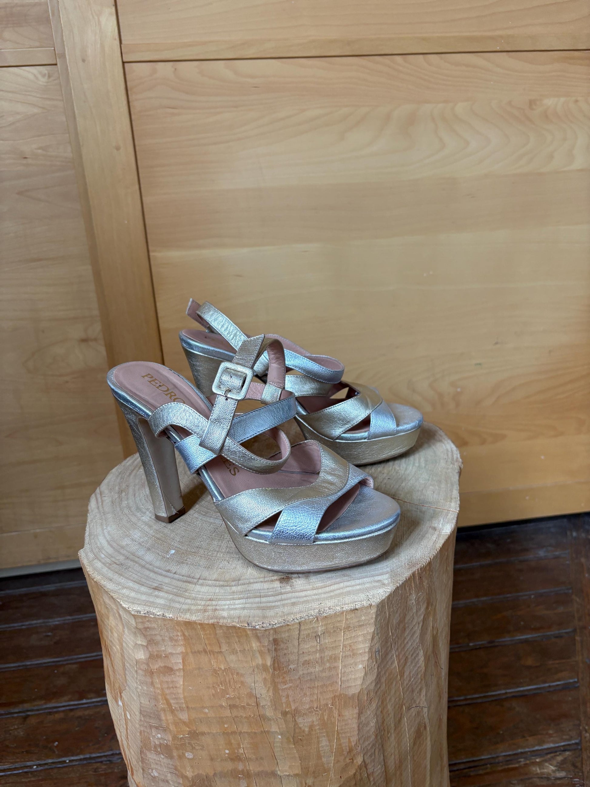Pedro Miralles Platform Heels, Silver Gold Sandals, Luxury Designer Shoes, Made in Spainm, Y2K Party Glam, EU 38