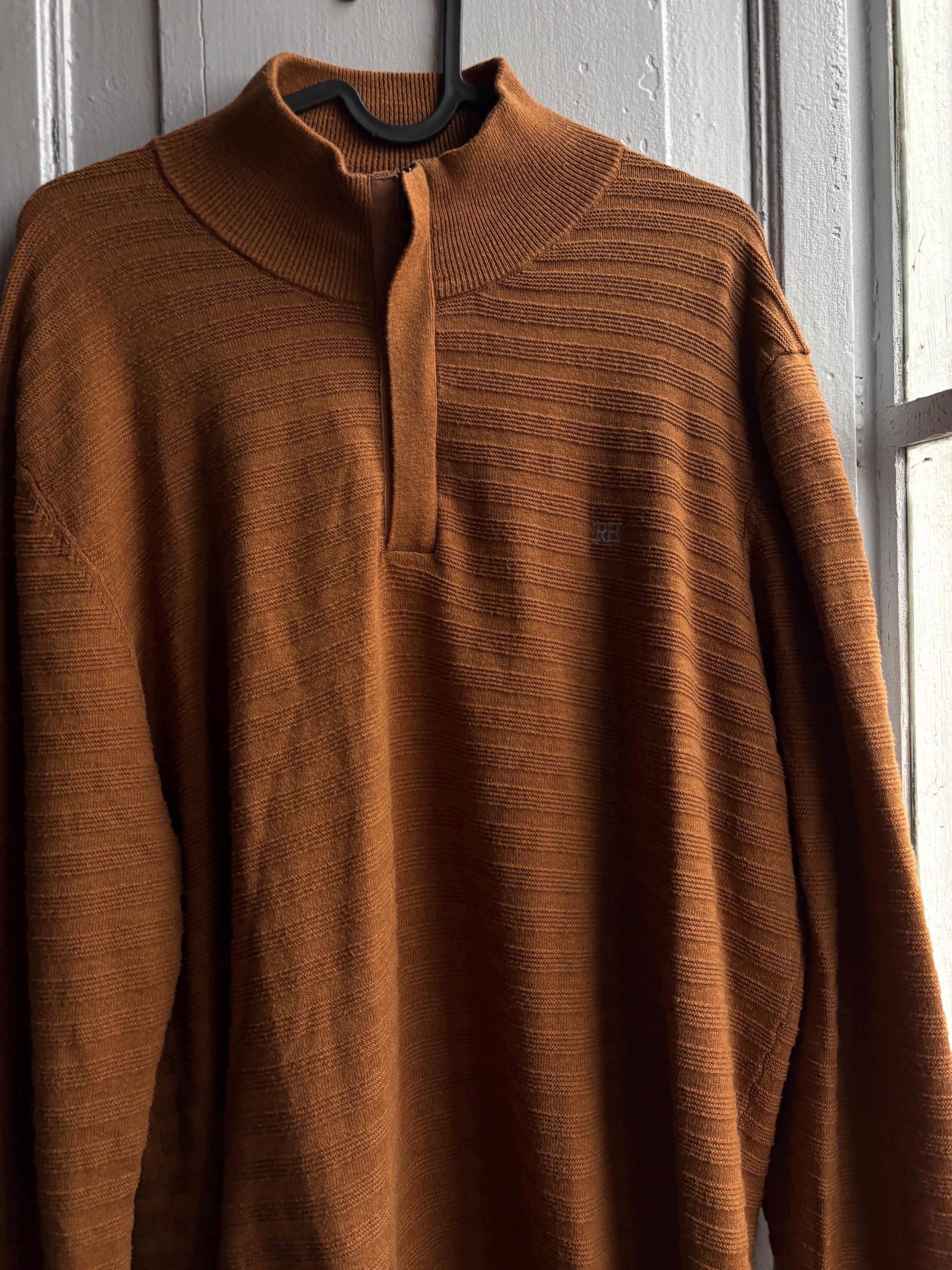 Pedro Del Hierro Men Mock Neck Jumper, Luxury Cotton Silk Blend sweater, Brown wardrobe essential, Size XL