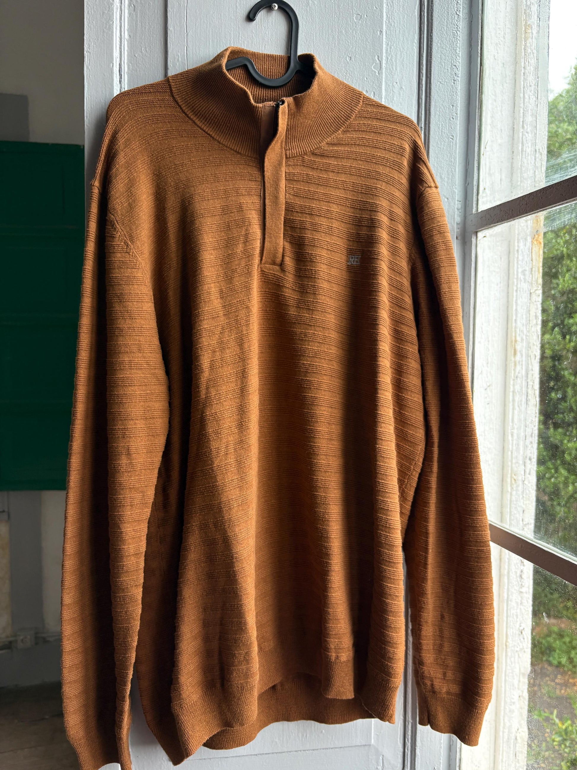 Pedro Del Hierro Men Mock Neck Jumper, Luxury Cotton Silk Blend sweater, Brown wardrobe essential, Size XL